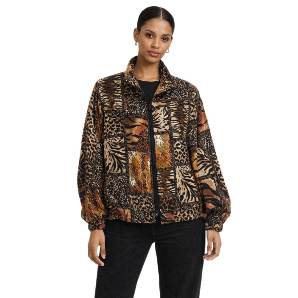 Erin London Vintage Black Tan Savannah Patchwork Zip Front Blazer Jacket Size L